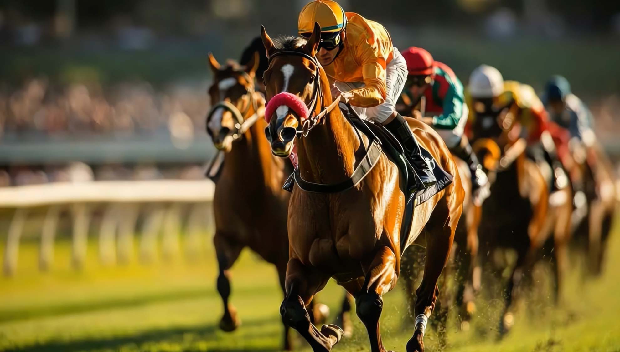 Image of jockeys on horses on a racing track